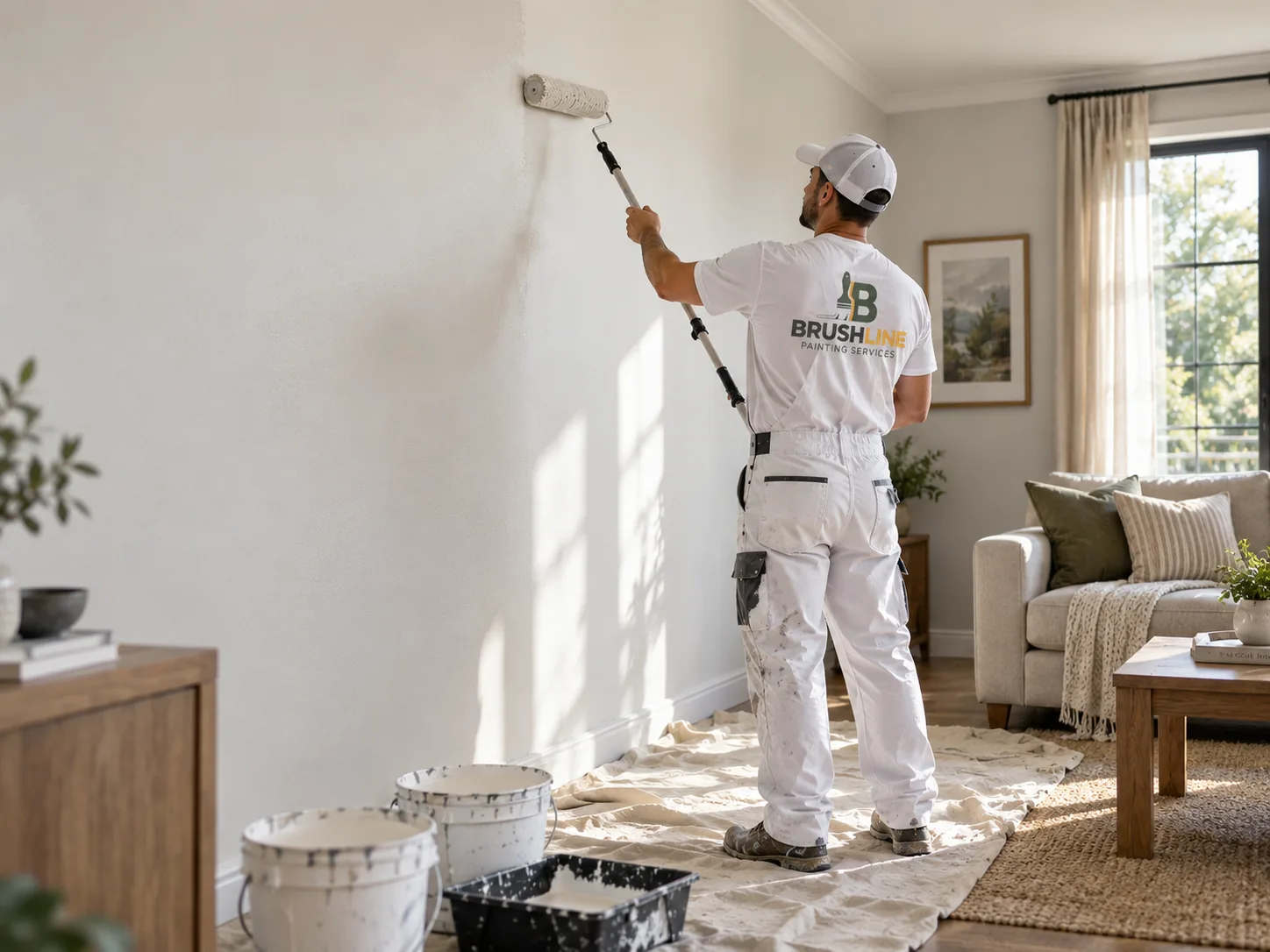 Brushline painter applying paint inside a bright Melbourne home