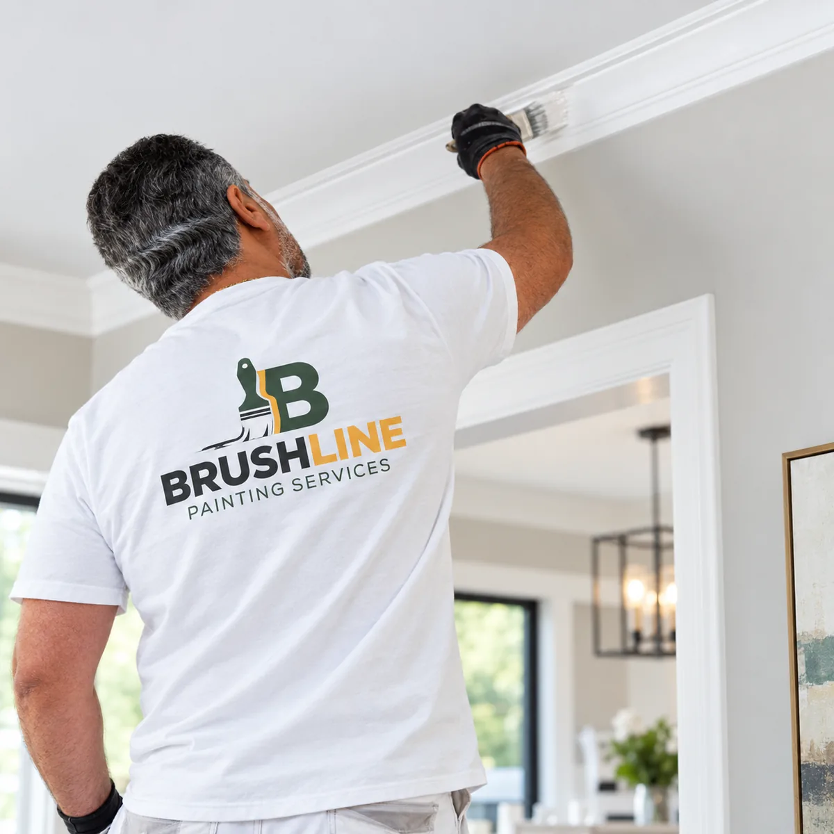 Brushline painter working carefully on interior trim
